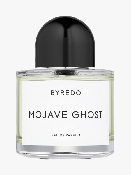 Byredo Mojave Ghost Eau de Parfum bottle of perfume with black bauble cap on light gray background